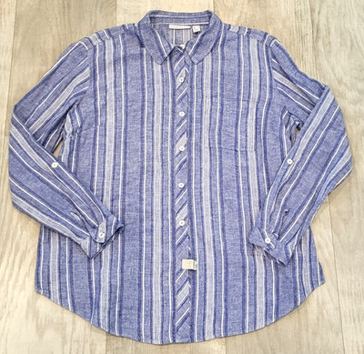 Susan Graver M Linen Blend Button Down Shirt Blue White Striped Long Sleeve