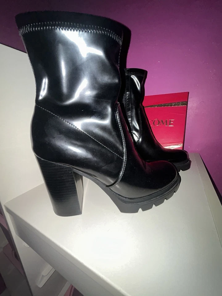 Bottines femme noir cuir vernis plateforme talon bloc bout rond zippées EU 39 - Photo 1/4