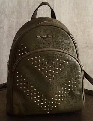 Michael Kors Abbey Medium Studded Leather Backpack Olive Green Gold Handbag