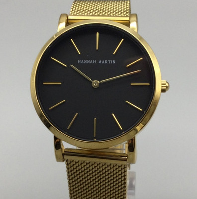 Hannah Martin Watch Unisex 36mm Gold ToneBlack Dial Mesh Adjustable Band