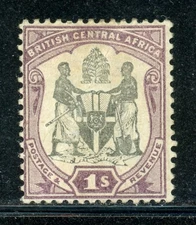 BRITISH CENTRAL AFRICA 50 SG47 MH 1897-1901 1sh lilac & blk Coat of Arms CV$14