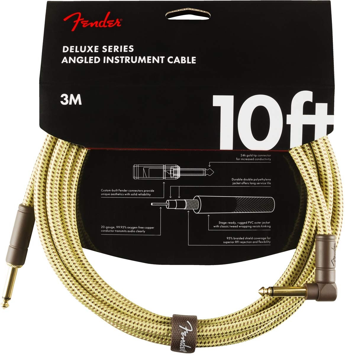 Fender Deluxe Series Instrument Cable 10ft 3m Braided Shielding and 24K Gold