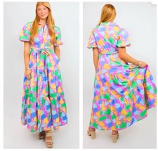 Peach Love Wait For Daylight Pink Abstract Tiered Maxi Dress with Pockets Sz L