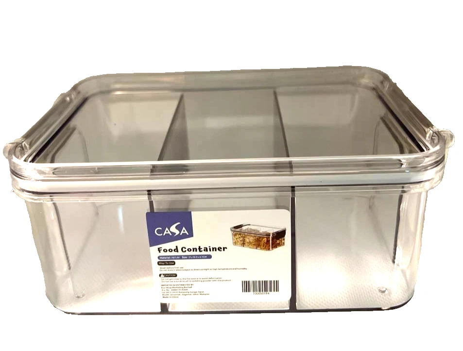 Food Storage Container with 3 Compartments, Snack Container with White Clip Lid