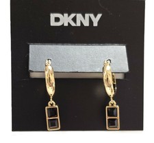 NEW DKNY BLACK SQUARE CRYSTALS GOLD DANGLING DROP EARRINGS