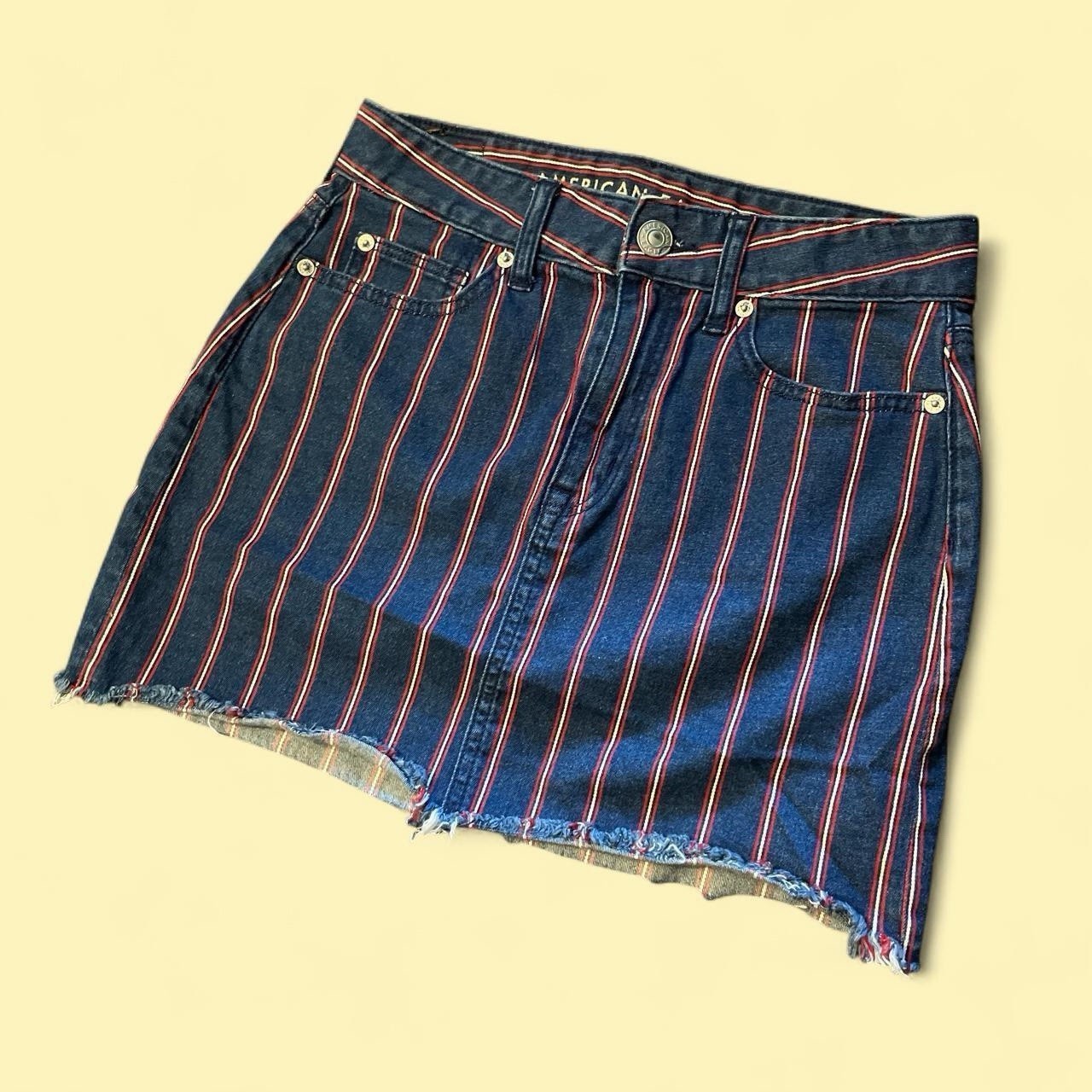 American Eagle Striped Denim Mini Skirt Size 2 High Rise Stretch Raw Hem