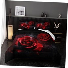 Red Rose Comforter Set,Bedding Set 3 Piece Bed in a Bag,Lover Queen Red Roses