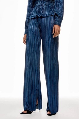 Sabina Musayev Metallic Blue Plisse Pants MED Split Hem Cocktail Wide Leg $230