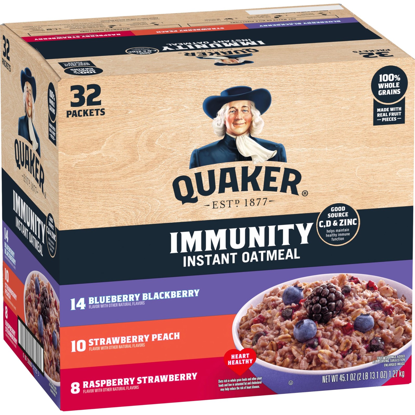 Quaker Instant Oatmeal Variety Pack 32 Packets Strawberry Peach Blueberry Bla...