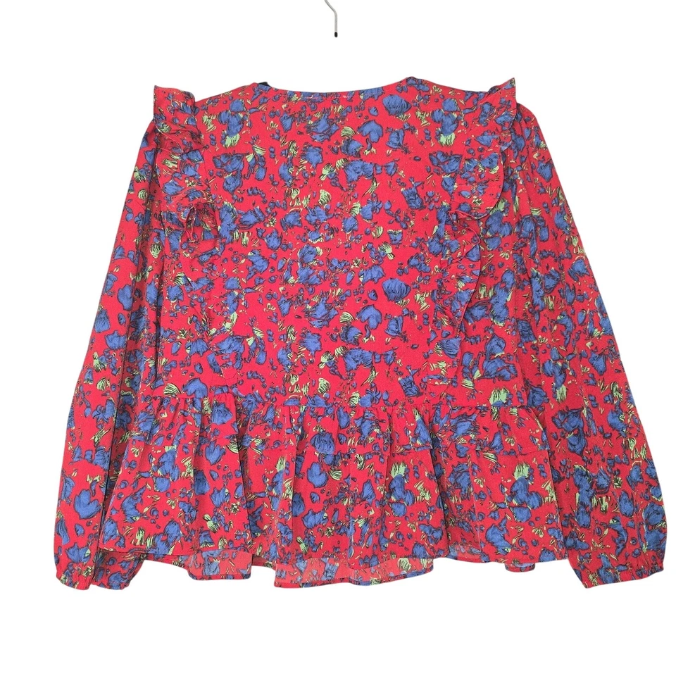 Blusa Mittoshop Mujer Grande Rosa Azul Floral Volantes Manga Larga Peplum Top Foto 2 de 4