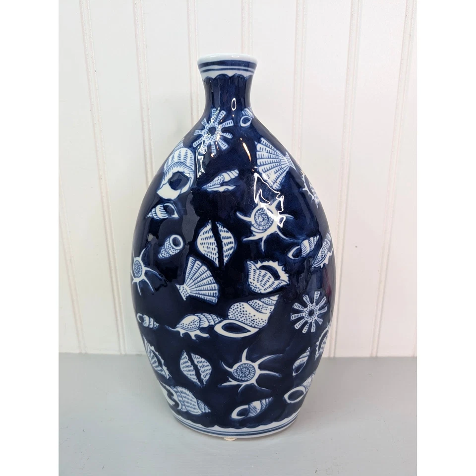 Jarrón vintage azul blanco concha marina playa costa decoración del hogar cerámica 12" de alto Foto 2 de 4