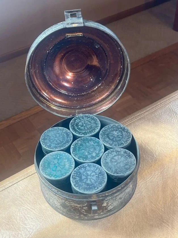 Antique Metal Tin Spice Lock Box + 7 Tin Labeled Spice Boxes