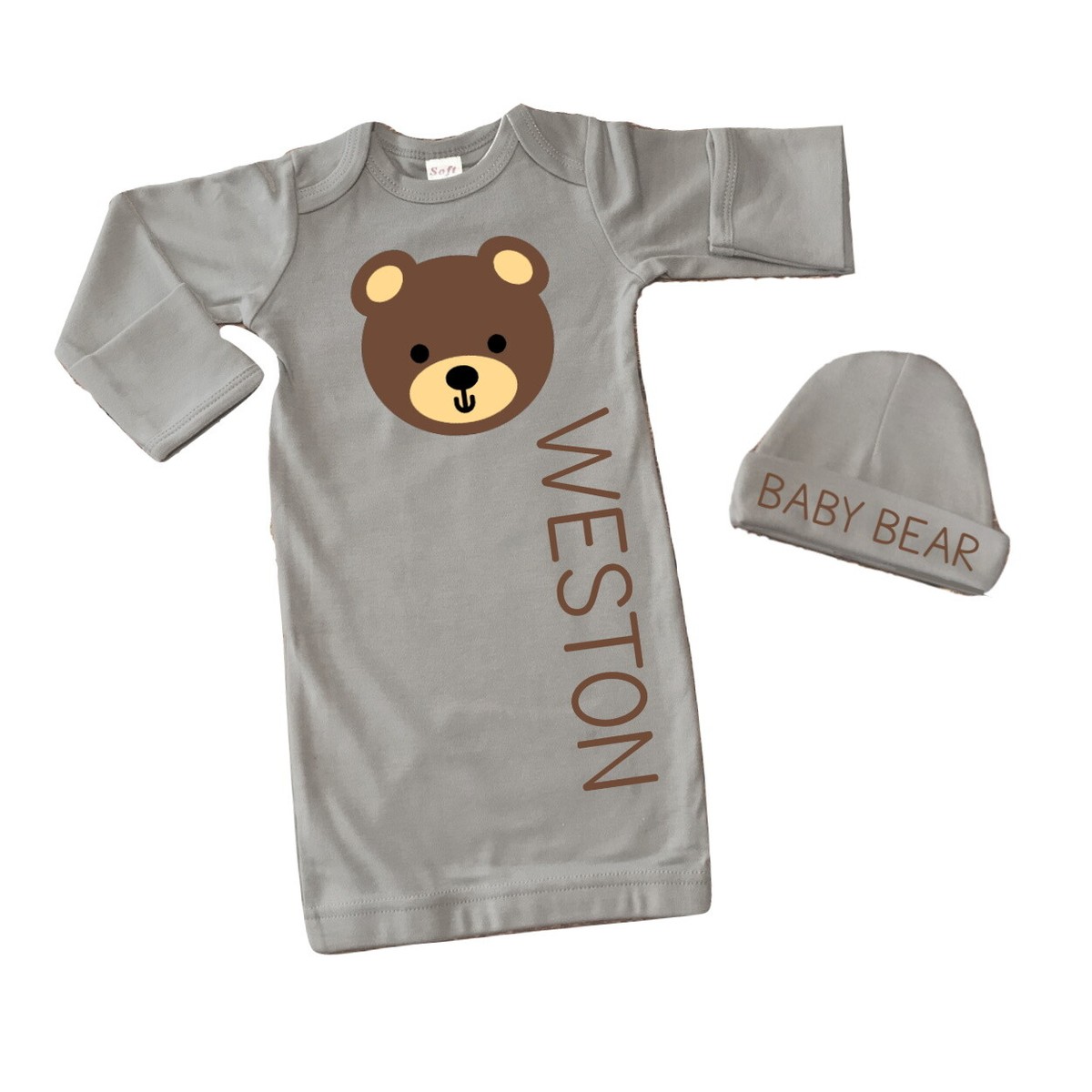 Baby Bear Personalized Newborn Baby Gown Hat, Layette Set, Take me Home  outfit