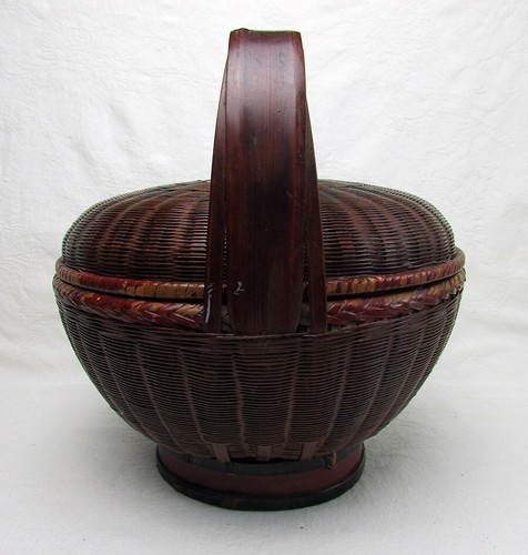 Antigua cesta de boda china tejida mimbre ratán mango redondo con tapa vintage - Imagen 4 de 10