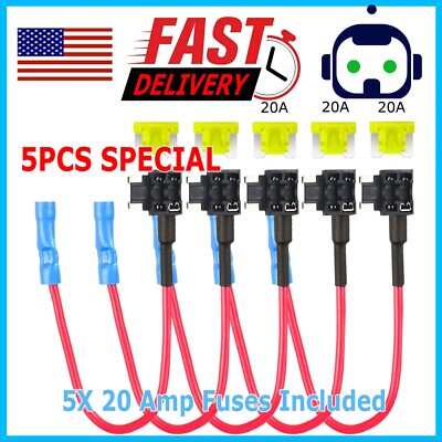 5 Pack Low-Profile Fuse Tap 20A Blade Add-A-Circuit 20AMP Adapter 20 A Amp 12V