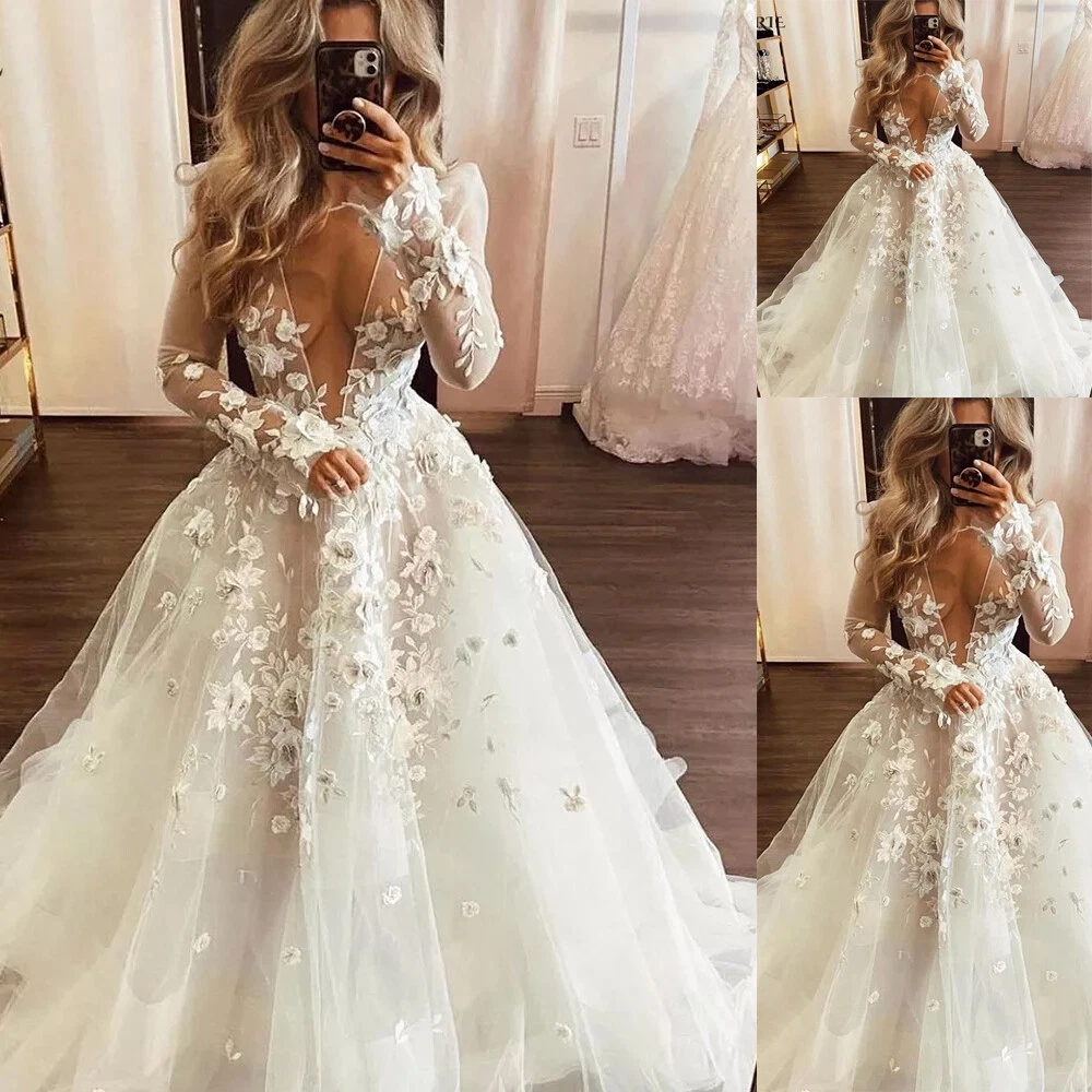 3D Flowers Lace Wedding Gowns V-Neck Princess A-Line Long Sleeves Bridal  Dresses