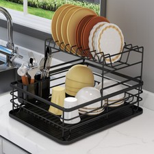 Kitchen Sink Dish Drainer Rack 2 Tier Black Metal Wire Cutlery Plate Drip Holder