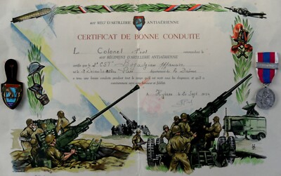 French Certificat De Bonne Conduite 405ème Rég anti-aircraft 1954
