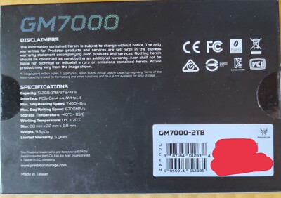 Acer Predator GM7000 2TB PCIe Gen4 x4 M.2 NVMe SSD 7400MB/s 6700MB