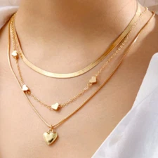 3 Pcs Womens Necklace Heart Pendant 18K Gold Plated Stainless Steel Jewelry Gift