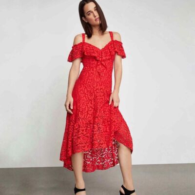 BCBGMAXAZRIA Dress SMALL High-Low Flared Lace Midi Off Shoulder