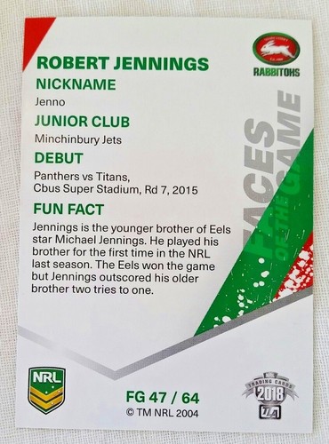 2018 NRL Traders Faces of the Game FOTG 47/64 - Robert Jennings - Picture 2 of 2