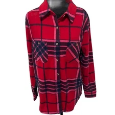 Member's Mark Shirt Women's Medium Cozy Button Up Red, Pink & Blue Plaid Pockets