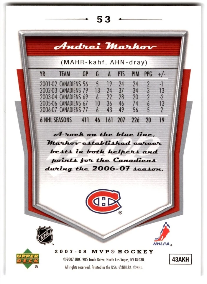 2007-08 Upper Deck MVP Andrei Markov #53 Montreal Canadiens - Image 2 of 2