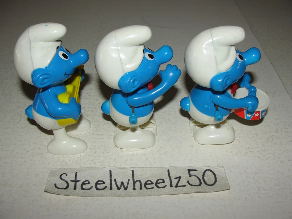 Vintage Wind Up Smurfs Musicians 3 Figure Lot 1982 Galoob Drummer Guitar Horn - Image 4 of 4