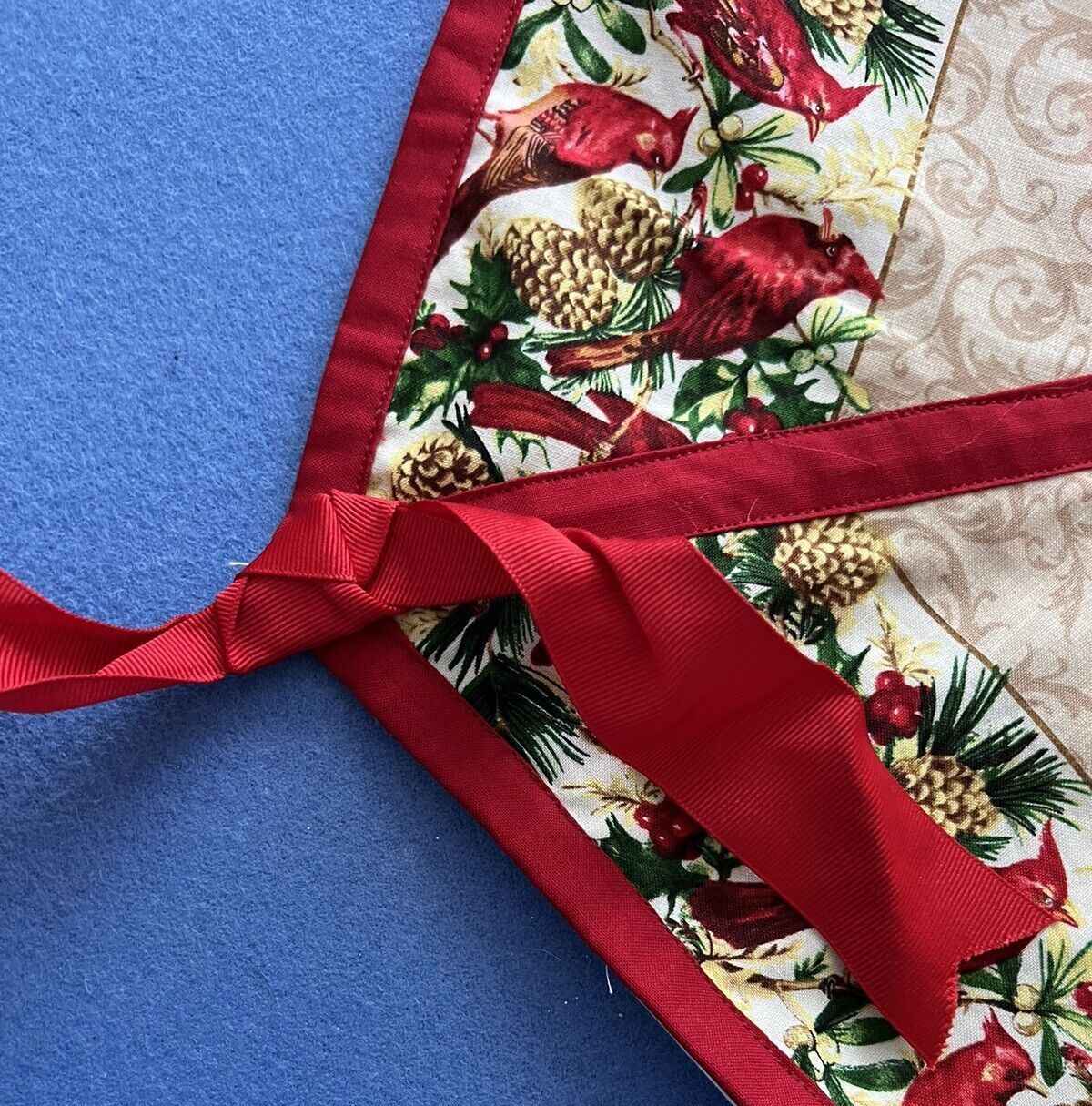 Vintage Hand Made Red Cardinal Pinecone Christmas Tree Skirt Large Hexagon 56"