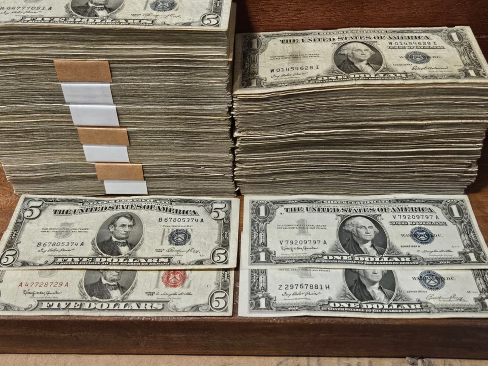 4 notes.  1963 Red Seal $5, 1953 $5 Silver cert & 1935/57 $1 silver certificate - Image 2 of 3