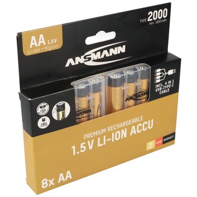 8 Stück Ansmann Premium Li-Ion Akku Mignon AA Typ 2000mAh, mit USB-C Lademöglich