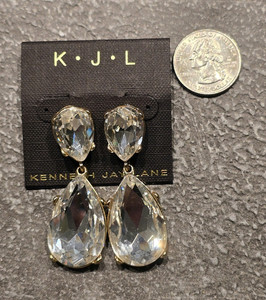 Authentic Kenneth Jay Lane Clear Crystal Teardrop Dangle Earrings Gold Plated.