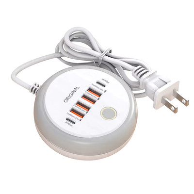 Multifunction 4 USB 2 Type C Ports Desktop Power Strip 6 in 1 Quick Charging Soc