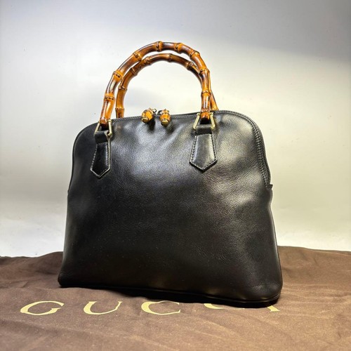 GUCCI Bamboo 2-Way Shoulder Handbag Black Leather 20x25x9.5in