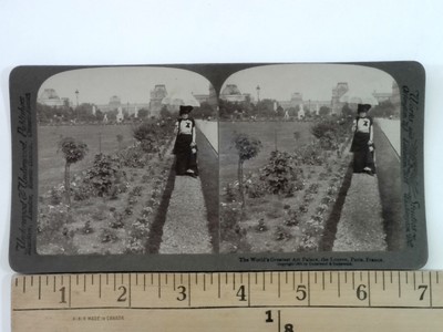 Original 1904 Stereo Photo The Louvre Paris Woman with Parasol Garden View