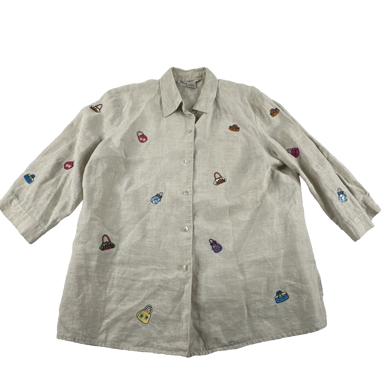 Vintage Edward Beige 100% Irish Linen Embroidered Shirt. Women's Size XL