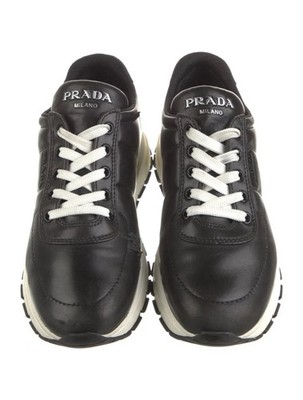 PRADA Milano Black Leather Low Top Lace-Up Sneakers Rubber Lug