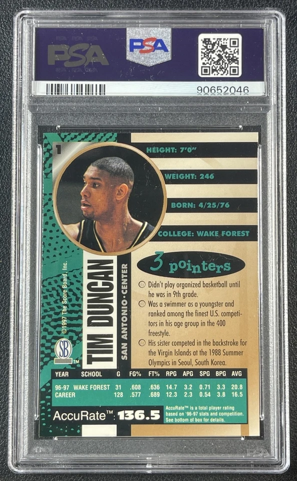 TIM DUNCAN PSA 10 1997-98 SCORE BOARD AUTOGRAPHED #1 ROOKIE RC SPURS 2046 - Image 2 of 2