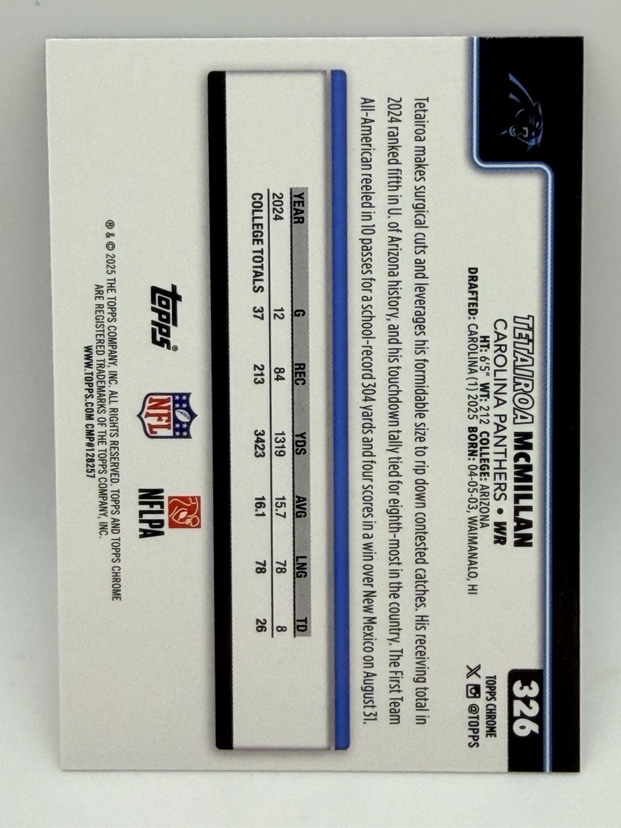 2025 Topps Chrome Football-Tetairoa McMillan #326 Football Leather