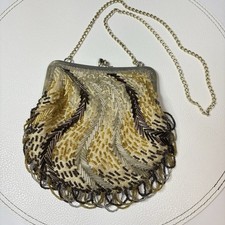 VINTAGE GOLD SILVER BRONZE LA REGALE HAND BEADED EVENING PURSE FRINGE SHELL