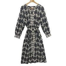 LOFT Outlet Black White Floral Print V Neck Belted Midi Dress Women's XL