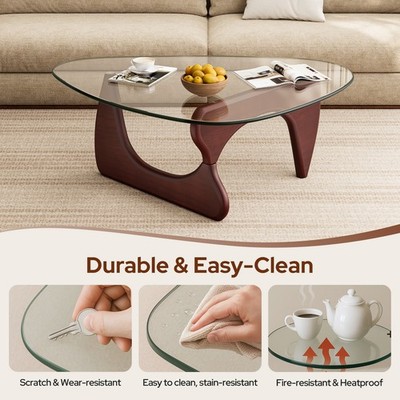 Classic Glass Coffee Table Triangle Glass Top Premium Solid Hlardwood Base