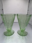 Jeanette Poinsettia Green Depression Uranium Glass Juice Tumbler Set Of 2 5”
