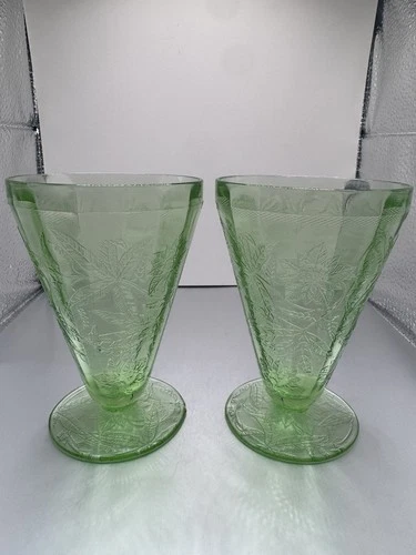 Jeanette Poinsettia Green Depression Uranium Glass Juice Tumbler Set Of 2 5”