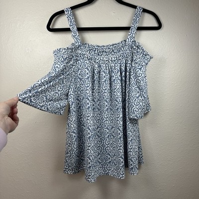 Melloday Women s Blue White Off The Shoulder Blouse Top Size Large Straps