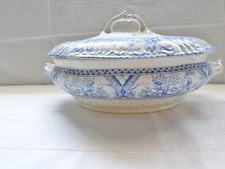 Antique Blue and White With Floral Design & Embossed Covered Vegetable Tureen