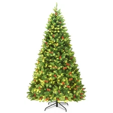 7.5Ft Pre-lit Hinged Christmas Tree w/ Pine Cones Red Berries and 550 LED Lights