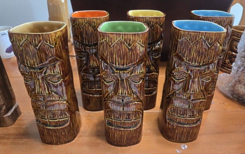 Vintage Tiki Mug Set of 6 Brown Glaze Ceramic Cups 8" Tall w/colorful insides