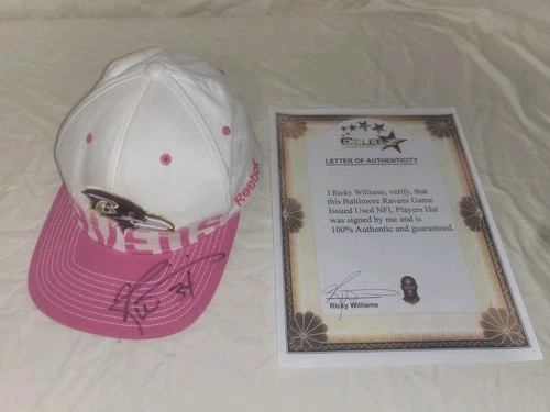 RICKY WILLIAMS RAVENS NFL MOTHERS DAY PINK GAME USED AUTOGRAPH HAT HEISMAN